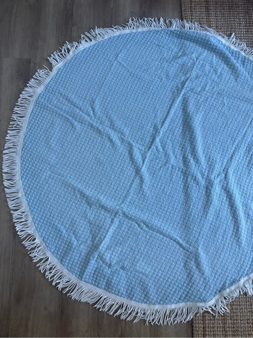 Vintage Light Blue Round Waffle Weave Tablecloth with White Fringe 56”